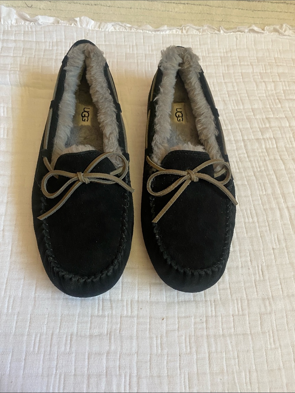 UGG Black Suede Slippers with Tan Bow Detail